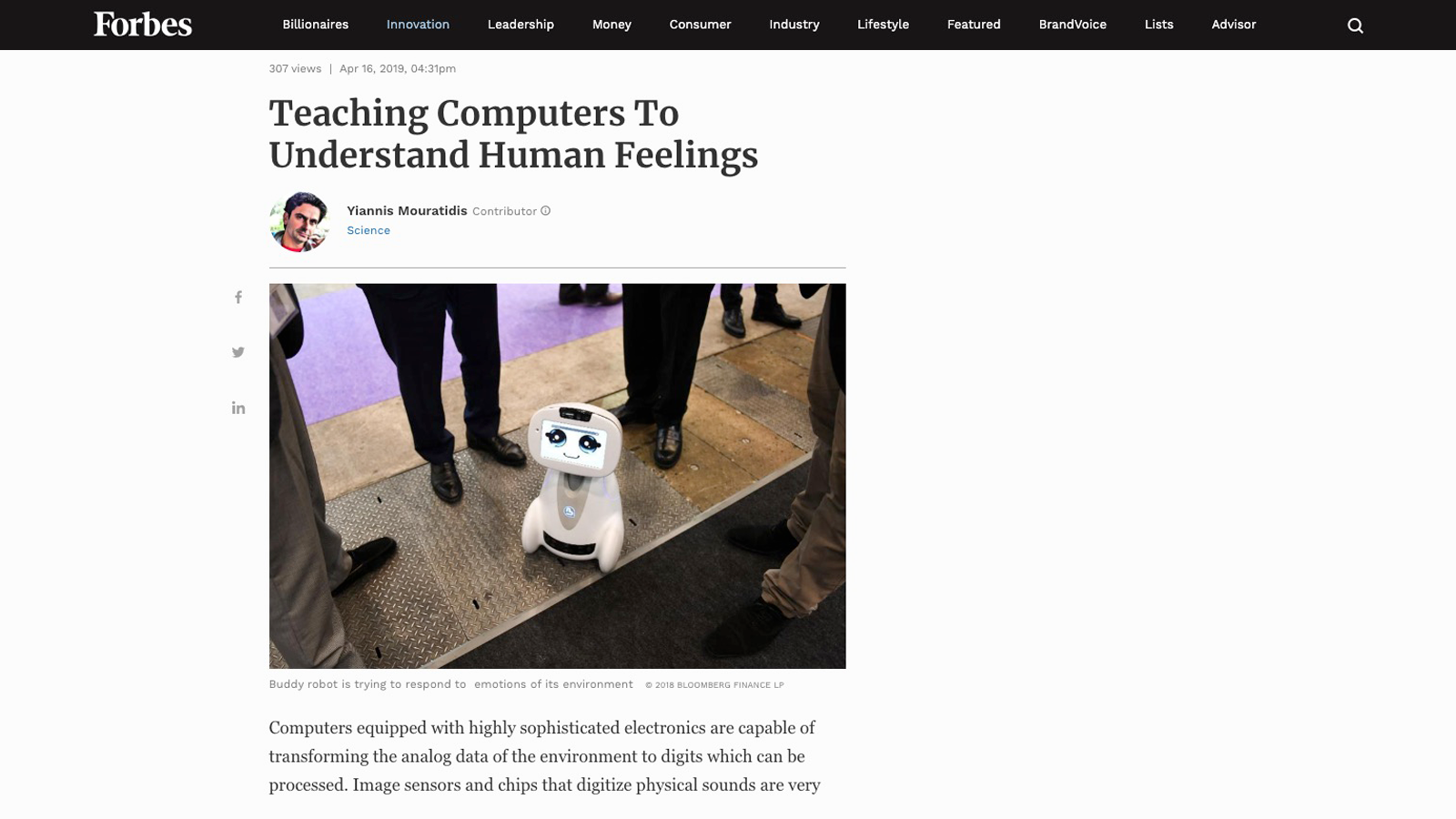 Behavioral Signals in Forbes - Teaching computers to understand human feelings
